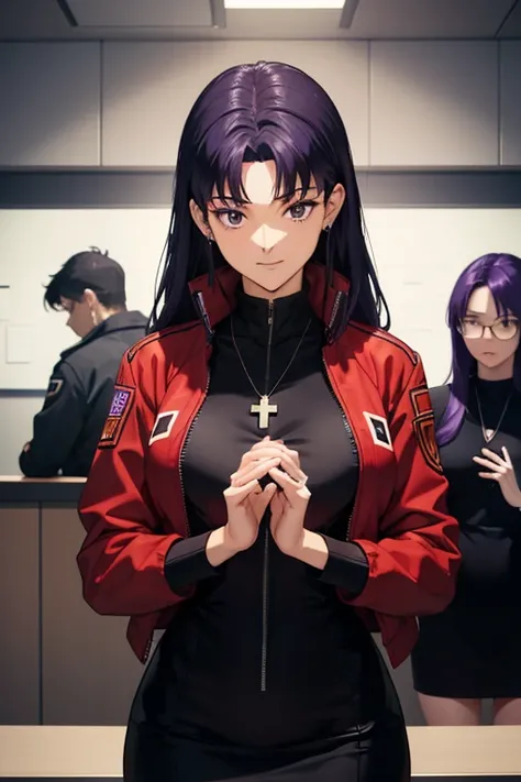 1womanl, attire: Black Bodycon,middlebreast、 short black tight dress, Black eyes, Purple hair, Medium Hair, a smile, cross necklace, tall, Slim body,  (nffsw), (((Misato katsuragi))),  NERV、Operation control room, (((Front view))), Looking at Viewer,  Perf...