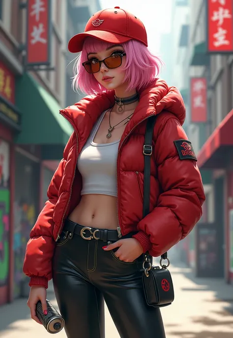 Cool street style，Female character wearing a striking red baseball cap，Short pink hair attracts attention，Brown glasses add a bit of intellectuality。Wearing a short red down jacket，Hand holding graffiti spray paint，Every step exudes creativity。Tight leathe...