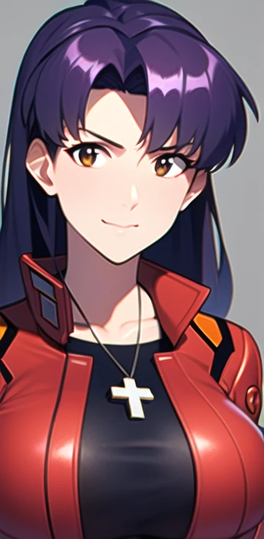 masterpiece, best quality,extremely_detailed_CG_unity_8k_wallpaper,extremely detailed_eyes,,evangelion: 3.0 you can (not) redo,1girl, solo,  Katsuragi_Misato, brown eyes,indigo hair,big_breasts, cross_necklace ,red jacket, mature female,aged up,upper body,