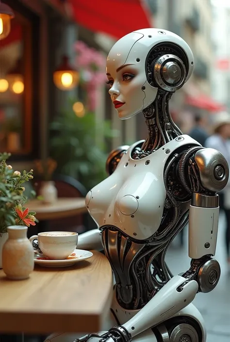 A female robot sits at a table in a street cafe, Best quality, high quality, absurdity, happiness, masterpiece, Beautiful, complex parts, 1/2 body trimmings, slender body, Beautiful figure, Magnificent Anatomy, (complex parts:1.12), HDR, (complex parts, hy...