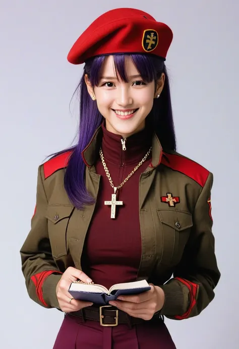 katsuragi misato, 1girl, jewelry, hat, jacket, red jacket, turtleneck, long sleeves, holding, open clothes, open jacket, long hair, smile, bangs, necklace, breasts, signature, purple hair, upper body, closed mouth, parted bangs, white background, solo, ear...