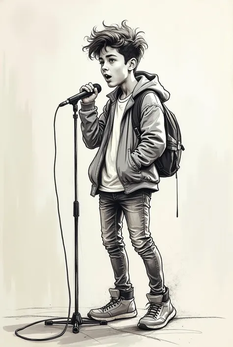 A sketch of a A 18 years old boy on stage performing holding a mic