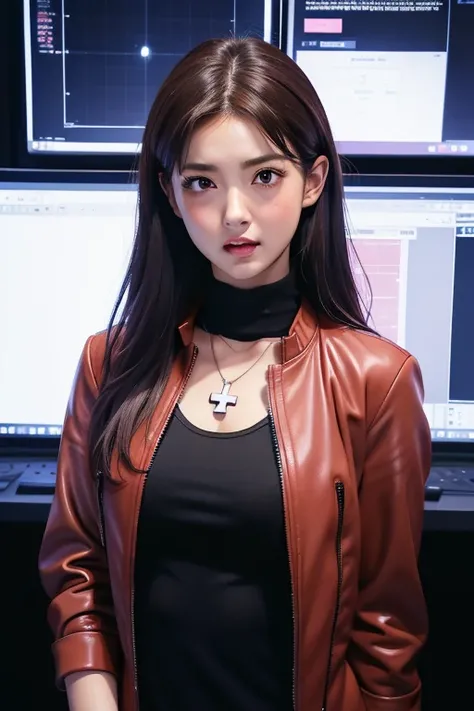 realisticlying，extremely detailed CG、high resolution、absurderes:1.8、detailed background:1.3、beautiful detailed hair、、、, attire: Black Bodycon、jacker, Red jacket,、middlebreast、 short black tight dress, (((brown-eyed、control room))), Purple hair, Medium Hair...