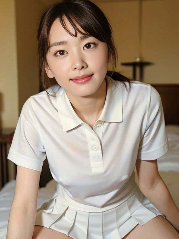 (Masterpiece, Best quality: 1.4), (Ultra realistic, Photo-realistic: 1.2), Full body, (kneeling: 1.3), Looking at viewer, Natural light, 18 years old actress, Japanese women, (arms behind back: 1.2), Neat and clean, ((White tennis uniform, White short-slee...