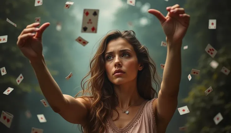 realistic photo, detailed photo, (one beautiful woman throw all cards to the air because she is lost everything in game, sad and hopeless )