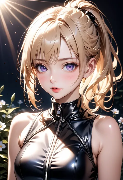 Upper Body, From chest to face, Sleeveless, Realistic, One Girl, blonde, Purple eyes, Shining Eyes, , Lips parted, blush, night, flower, sun, sunlight, Blue and black leather pants, Silver zipper,Belt below the waist,Ultra-fine illustrations,blonde , Show ...