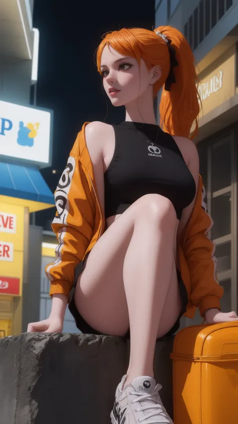 (masterpiece:1.2, best quality), realistic, (real picture, intricate details, depth of field), close up, Edgy girl, dark orange jacket, techwear, camera, backpack, white sneaker, platinum orange hair color, ponytail, dramatic makeup, piecing, sitting outsi...