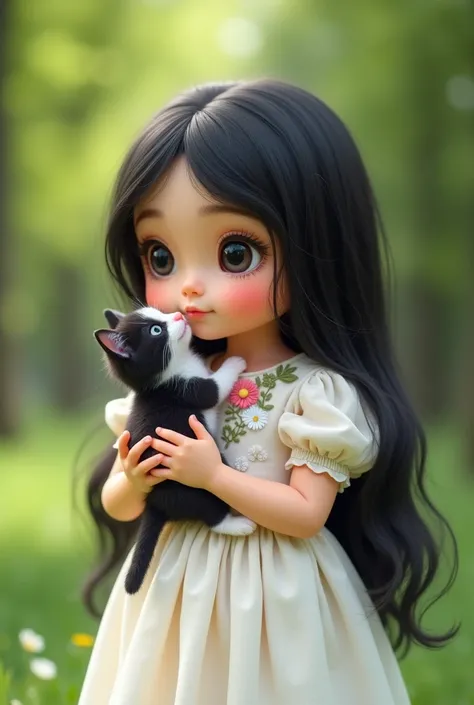 Very cute little fat lady with big eyes. (Long black hair.) She is wearing a beautiful white dress with flower embroidery. She is holding and kissing a small black and white tabby kitten. Background is a lush green park in midsummer.