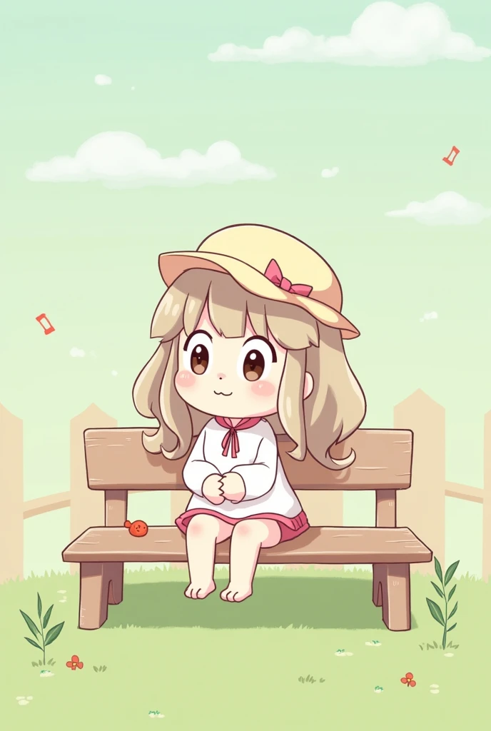 a cartoon image of a girl sitting on a bench with a hat on, awwwww, animal crossing character, official art, shirabii, the anime girl is crouching, animal crossing characters, loli, inspired by Josetsu, she has a cute expressive face, animal crossing, けもの,...