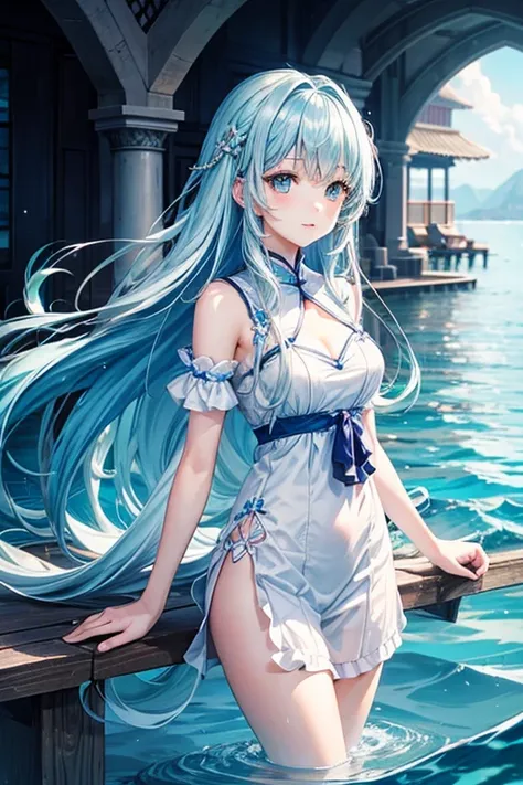 In the sea、Girl with long light blue hair