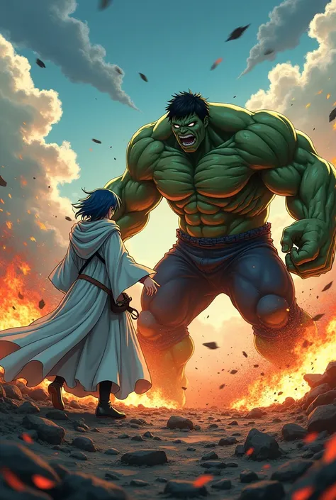 Gojo anime character vs hulk square ai image, both angry in battlefield with fire around them 