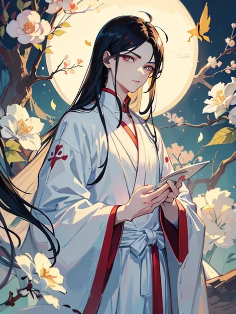 Chinese anime style, young man character looking at viewer, serious and delicate expression, androgynous young man, ojos claros masterpiece, long dark hair fluttering decorated with a hairpin, long flowing white robes, short man, small waist, cherry lips, ...