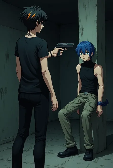 anime style. Black haired man with orange highlights and green eyes, He has a tattoo on his neck and wears a black shirt and black pants., He is standing straight pointing a gun at a blue haired man with blue eyes wearing a black turtleneck tank top and ca...