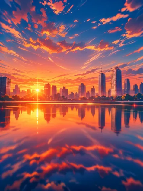 High quality, high resolution, best composition, cinema style, summer landscape, sunset behind urban buildings, reflection of buildings in park pond, red clouds, dynamic and breathtaking, fantastic, peaceful and beautiful scenery.