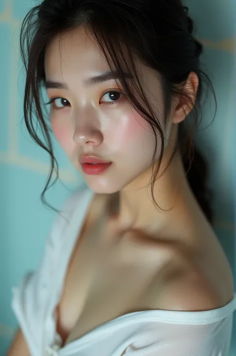 A close up of korean girl wearing white and wet t-shirt her nipples is wisibel