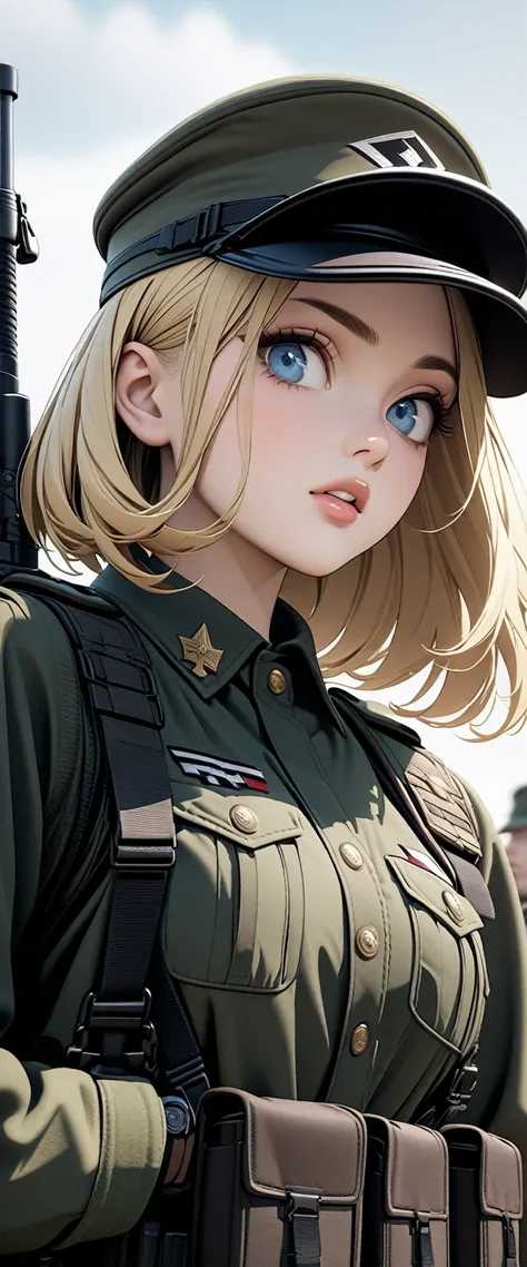 Bobcut　Blonde　soldier　Nazis　Army Costume　Army Caps　(())　Big eyes　Blue eyes　Highest quality　Super detailed　detailed woman　High quality　8k　