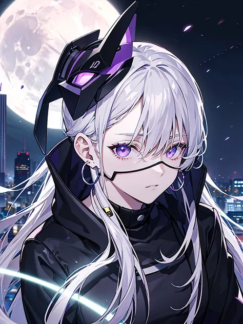 purple eyed spy, wearing all black clothes, wearing a cyber mask that covers the entire face, with white hair, with silver hoop earrings in the ear, alone on top of a building with the moon in the background