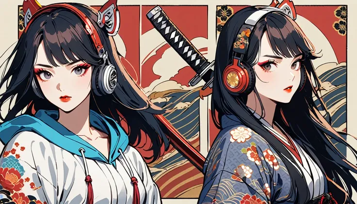 (((1 girl))), (((Flashy makeup))), (((Japanese style headphones))), (((Japanese pattern hoodie))), (((Japanese sword))), (((Female samurai))), Japanese beautiful girl, Black Hair, Delicate and precise, Modern ukiyo-e style, Japanese flag, battle style