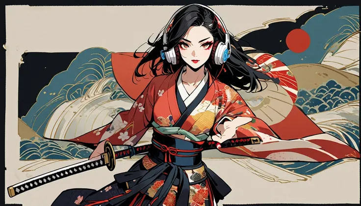 (((1 girl))), (((Flashy makeup))), (((Japanese style headphones))), (((Japanese pattern hoodie))), (((Japanese sword))), (((Female samurai))), Japanese beautiful girl, Black Hair, Delicate and precise, Modern ukiyo-e style, Japanese flag, battle style