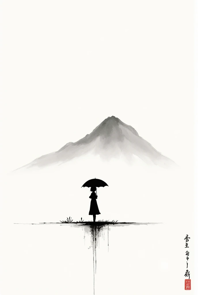 (Lots of white space:1.5)，(Lots of white space around:1.6), White background, simple, Minimalism, Abstract,Hand Painted，Aesthetic，black and white，Ink Painting，，a mountain，Girl holding an umbrella in the distance，(Umbrella:1.7),一幅Abstract的艺术插图, author：Li So...