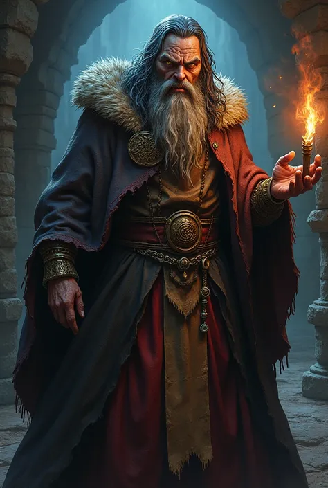 A necromancer from dungeon and dragons with beard, portrait, no glasses, American comic style angry expression 