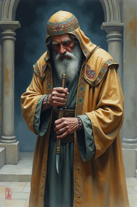 A watercolor painting of a chief priest holding a knife to his neck