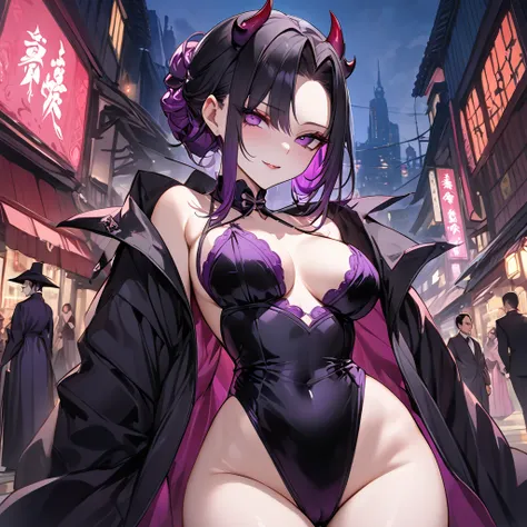 ((Highest quality)), ((masterpiece)), (detailed), （Perfect Face）、The demon woman is Shinobu Kochou, with black bob hair with purple gradation at the ends, styled in a formal evening hairstyle.、The woman is an evil man-eater and wears revealing clothing、Cit...