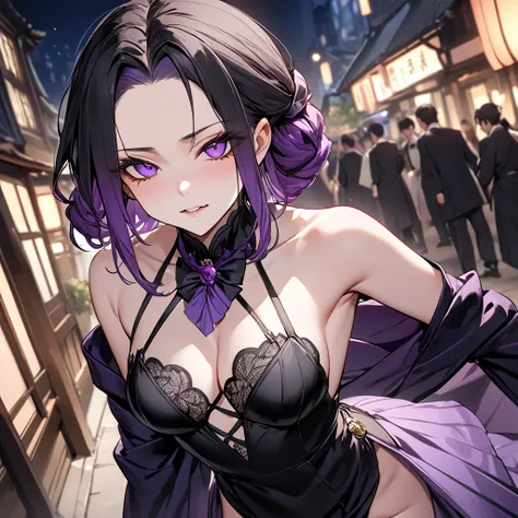 ((Highest quality)), ((masterpiece)), (detailed), （Perfect Face）、The demon woman is Shinobu Kochou, with black bob hair with purple gradation at the ends, styled in a formal evening hairstyle.、The woman is an evil man-eater and wears revealing clothing、Cit...