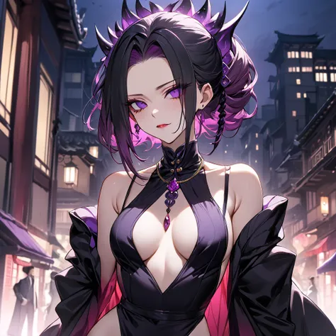 ((Highest quality)), ((masterpiece)), (detailed), （Perfect Face）、The demon woman is Shinobu Kochou, with black bob hair with purple gradation at the ends, styled in a formal evening hairstyle.、The woman is an evil man-eater and wears revealing clothing、Cit...