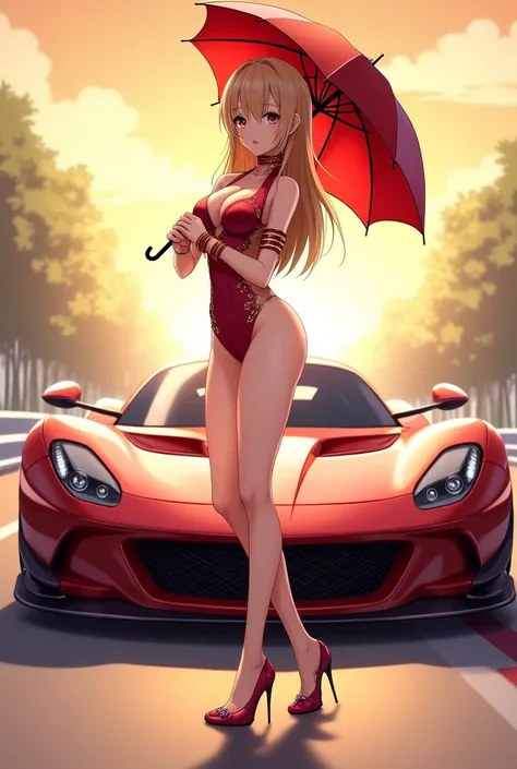 1 beautiful race queen in front of a race car, parasol, separate costume, bangles on arms, shimmering summer sun background, anime style, full body view, long attractive legs, high heels