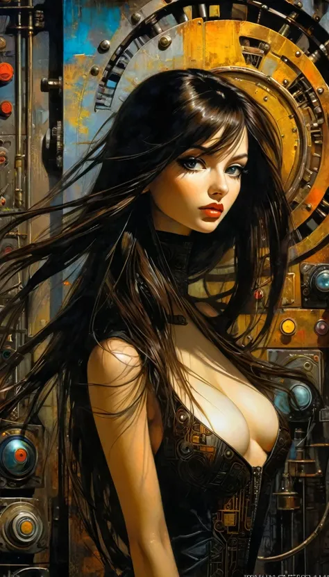 sexy girl with long hair and a futuristic appearance controls the control panel of a convoluted futuristic industrial machinery, (best quality, 4k, 8k, high resolution, masterpiece: 1.2), ultra detailed, (realistic, photorealistic ,vivid colors: 1.37), int...