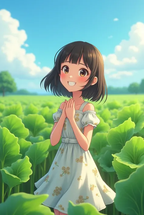 A 25-year-old girl，Wearing a white floral dress，Looking at the fields full of water spinach，Happy smile，Show your teeth，Anime style，Pixar style