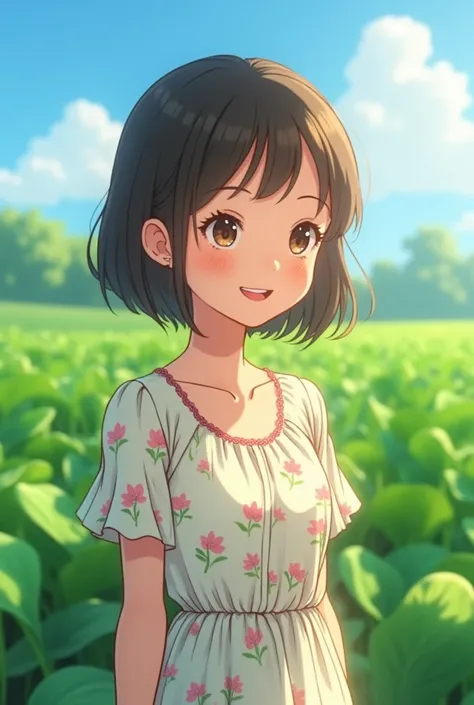 A 25-year-old girl，Wearing a white floral dress，Looking at the fields full of water spinach，Happy smile，Show your teeth，Anime style，Pixar style