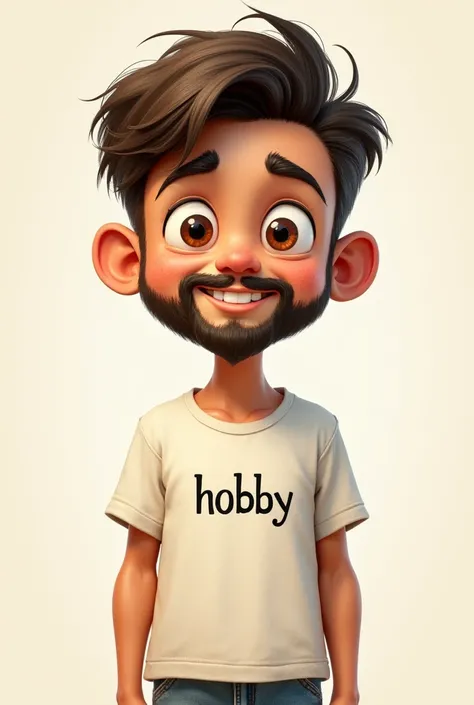 (8K resolution) Drawing of a cartoon boy with a cap, short, drawn beard, cotton t-shirt with the word hobby written on it.artistic, white skin and round brown eyes, thick eyebrows, 1,70 m 70 kg