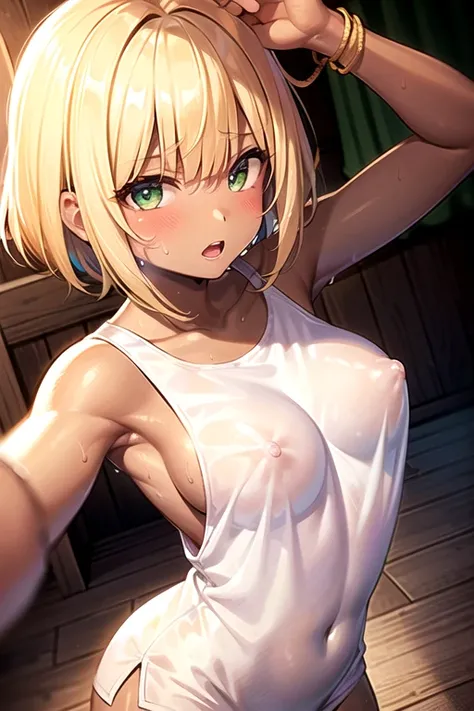 One girl、(Yellow Hair)、Short Bob、(Disgust)、((Both arms tied with rope))、Photograph only the upper body、Big Breasts、(Very thin tank top)、(((White clothes)))、((Dark Skin:1.4))、Super Detail、Highest quality、(Sweat:1.5)、(Open your armpits)、Green Eyes、Transparen...