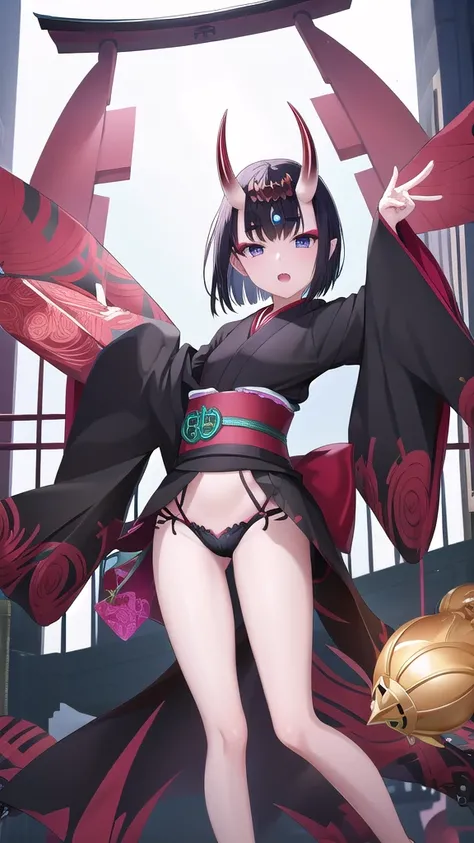 Girl with doll head, flat chest, black short hair，Demon horn，kimono，underwear，Bare Legs，barefoot，Standing，On the torii gate