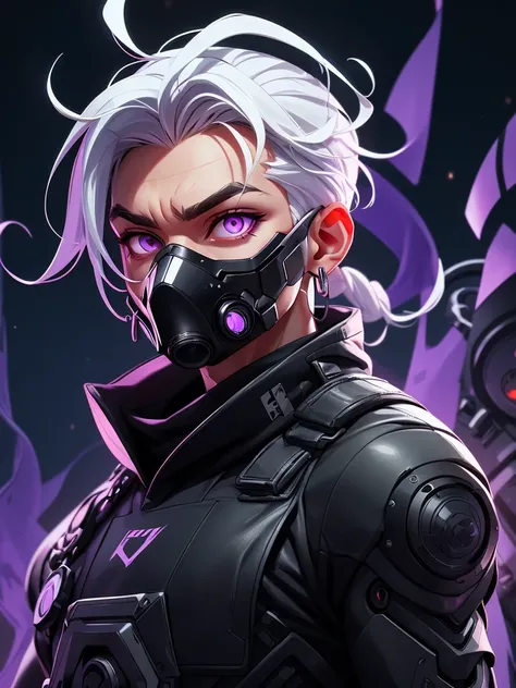 spy boy with purple eyes, wearing all black clothing, wearing a cybernetic gas mask that covers his entire face, with white hair, with silver hoop earrings in his ear, alone on top of a building with the moon in the background