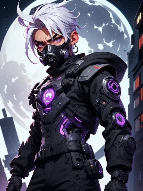 spy boy with purple eyes, wearing all black clothing, wearing a cybernetic gas mask that covers his entire face, with white hair, with silver hoop earrings in his ear, alone on top of a building with the moon in the background