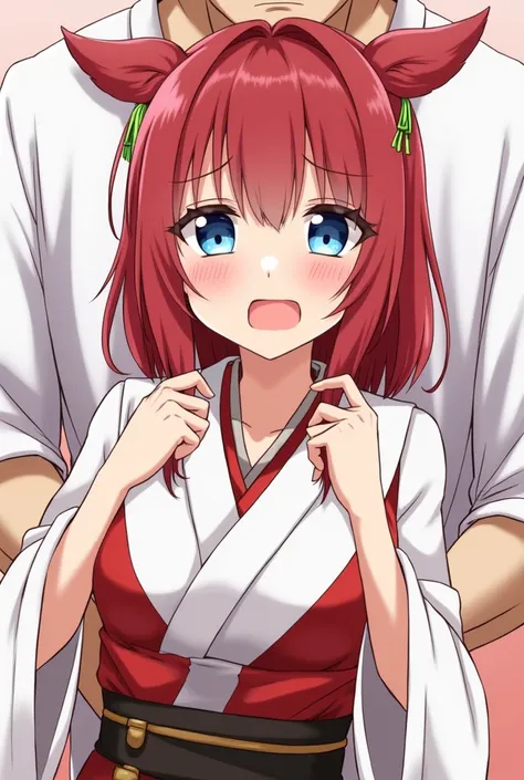 An illustration of a girl in a shrine maiden outfit having her breasts grabbed and fondled by a man from behind. She is blushing and embarrassed. Her eyes are light blue and her hair is red.