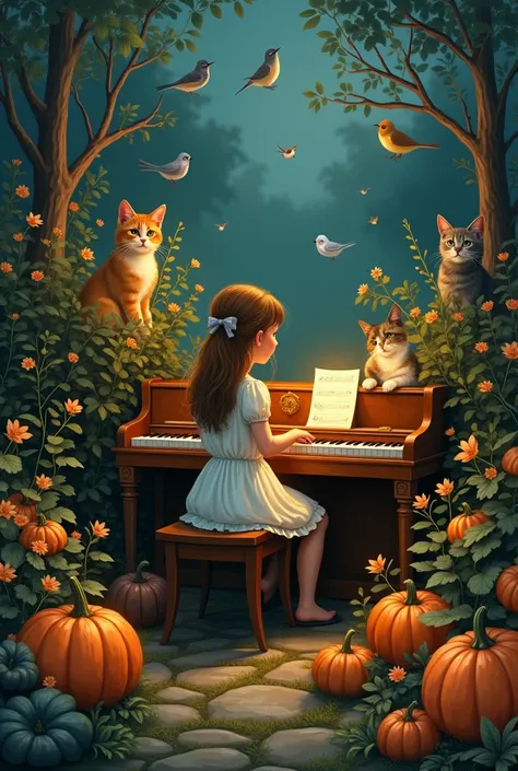 Girl in a magically illuminated environment, surrounded by cats on all sides listening to her play the piano in a very flowery yard full of plants and birds AND LOTS OF PUMPKIN PLANTS