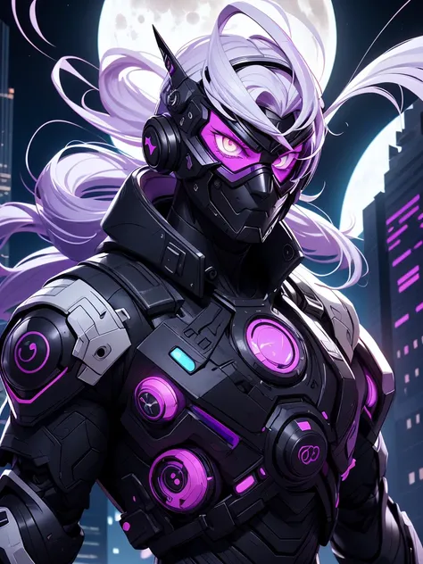 purple eyed spy man, wearing all black clothes, wearing a cybernetic mask with a purple visor that covers his entire face, with white hair, with silver hoop earrings in the ear, alone on top of a building with the moon in the background