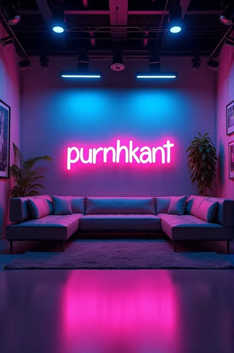 Create a YouTube studio background images with a modern and sleek design.In the center of the background display the name purnhkant in bright neon lights with correct spelling.The neon lights should be in a vibrant color such as electric blue or neon pink....