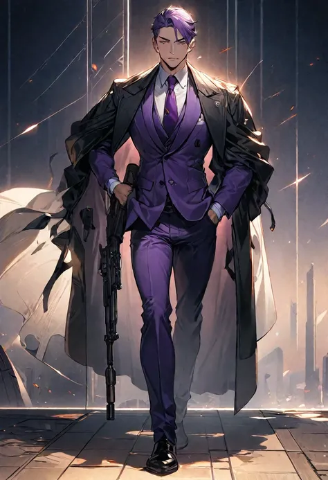 A man wearing a purple suit and carrying an assult rifle,rifle,assult rifle,high resolution,Highest quality,Ultra-high resolution,alone,full body