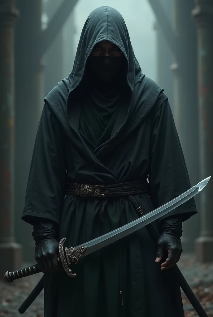 Create a sad character with ninja skills with swords and a mask and with an average physical appearance.
