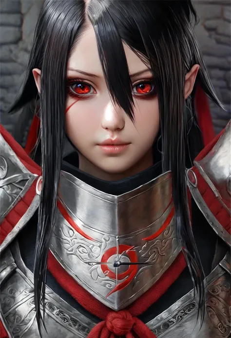 Itachi Ichiha, Itachi, in the style of realism, armor, knives, long black hair ponytail, in armor medieval, knives и кровь на полу, sharingan, photorealism, digital art, itachi, ichiha, замок