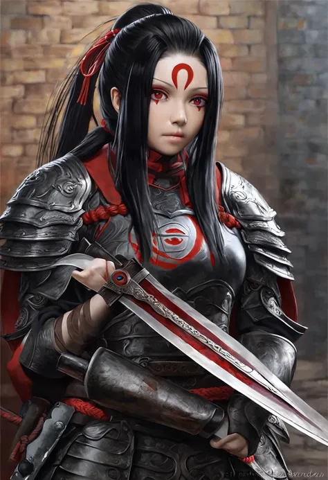 Itachi Ichiha, Itachi, in the style of realism, armor, knives, long black hair ponytail, in armor medieval, knives и кровь на полу, sharingan, photorealism, digital art, itachi, ichiha, замок