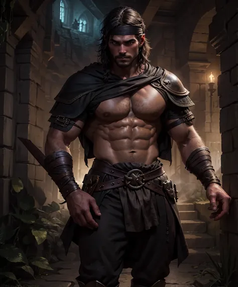 cinematic film still score_9, score_8_up, score_7_up, Dark fantasy art.  Dark themes.  (((Looks young.))) Wears pirate fashion with a headband. Fantasy art character.  Very intense body language.  Sexy and alluring man. Looks like an attractive male explor...