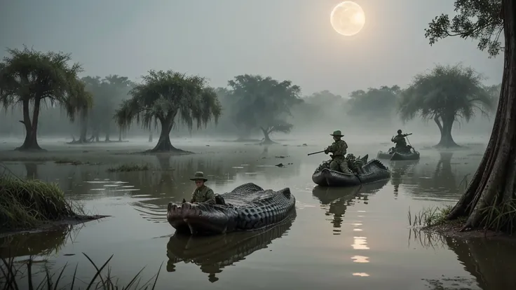 "A moonlit swamp in 1945 Myanmar, where massive saltwater crocodiles lurk in the murky water. The foreground shows terrified Japanese soldiers, their faces pale with fear, desperately trying to escape the jaws of the enormous reptiles. Some soldiers are fi...