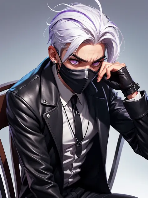 young spy boy with purple eyes, wearing all black leather clothing, wearing a mask that covers his mouth, with white hair, with silver earrings in his ear, trapped in a chair and being tortured with shock