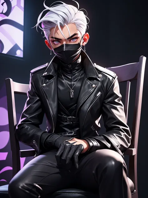 young spy boy with purple eyes, wearing all black leather clothing, wearing a mask that covers his mouth, with white hair, with silver earrings in his ear, trapped in a chair and being tortured with shock